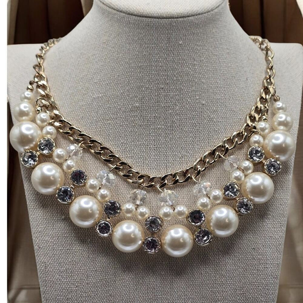 Pearl Rhinestone Cluster Statement Necklace Gold Chain – Vintage Glam Evening